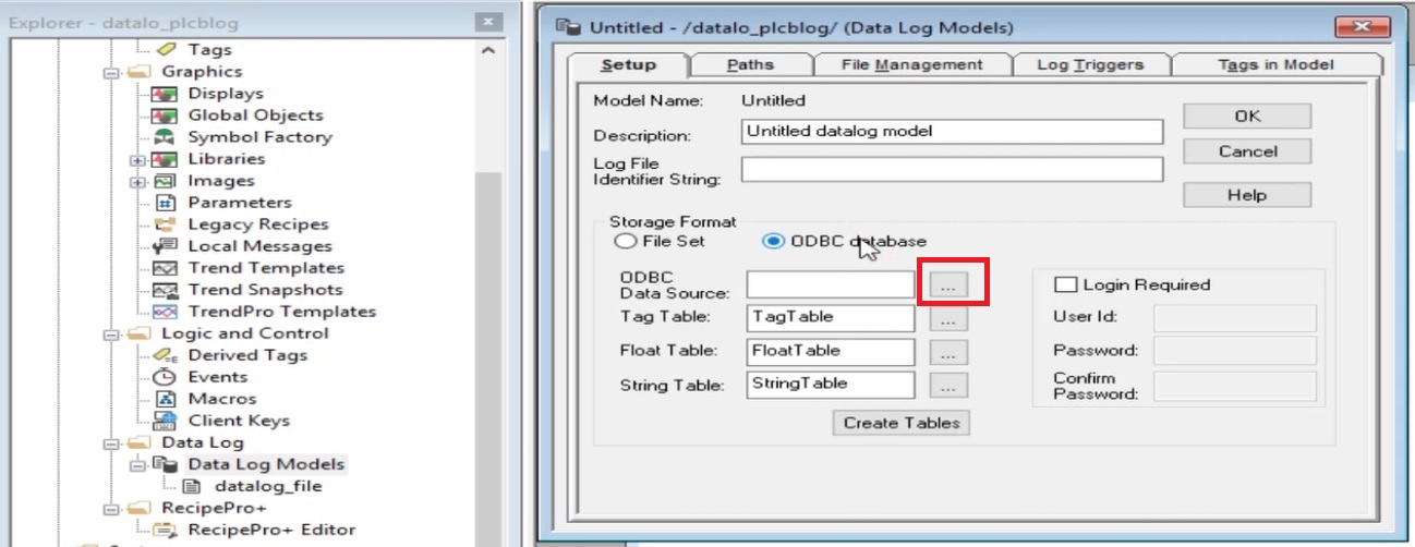 how to Log data to ODBC data sources in factorytalk view se